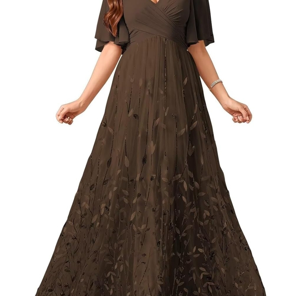 V-Neck Maxi Formal Dress with Leaf-Effect Skirt in Brown